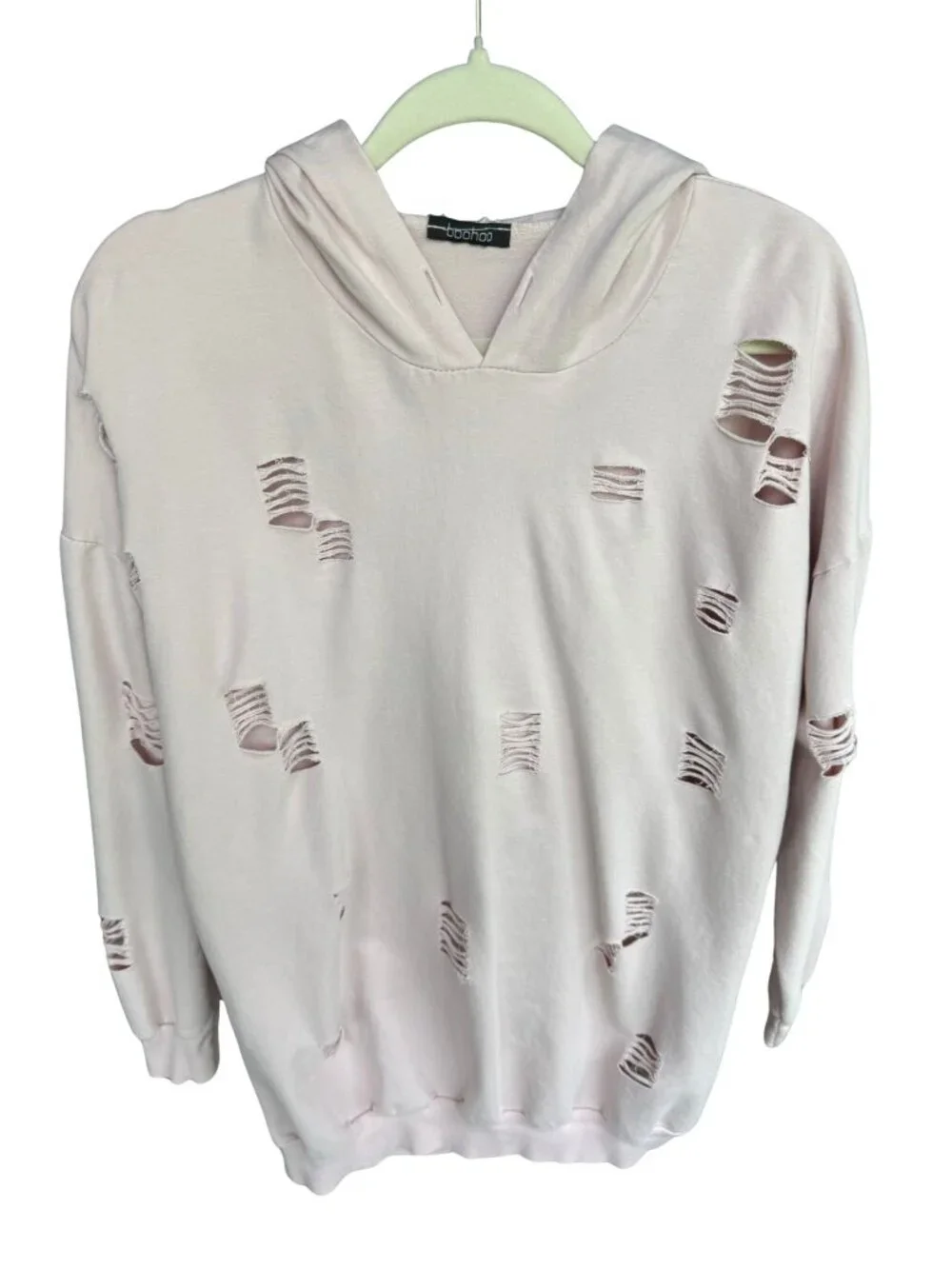 Boohoo Distressed Oversized Hoodie Sweatshirt Dress Pink, Ripped Grunge Pullover